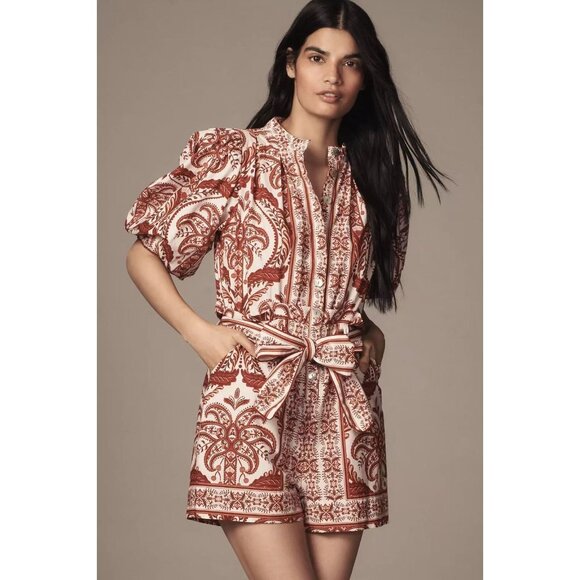 Farm Rio Pants - NWT Farm Rio Tropical Cameo Belted Romper Size M 100% Cotton Puff Sleeves